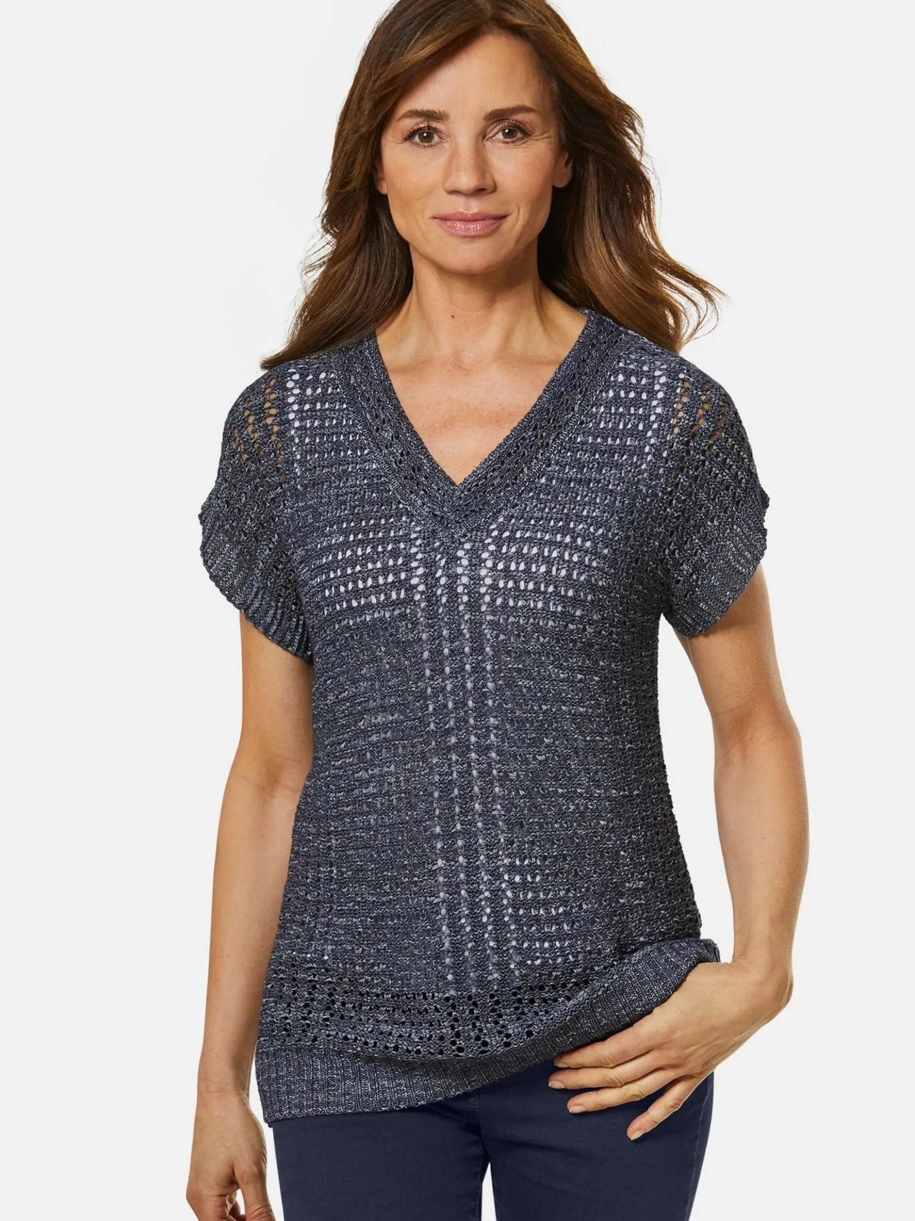 Goldner Damen Strickpullover in marine - Ärmel: Halbarm