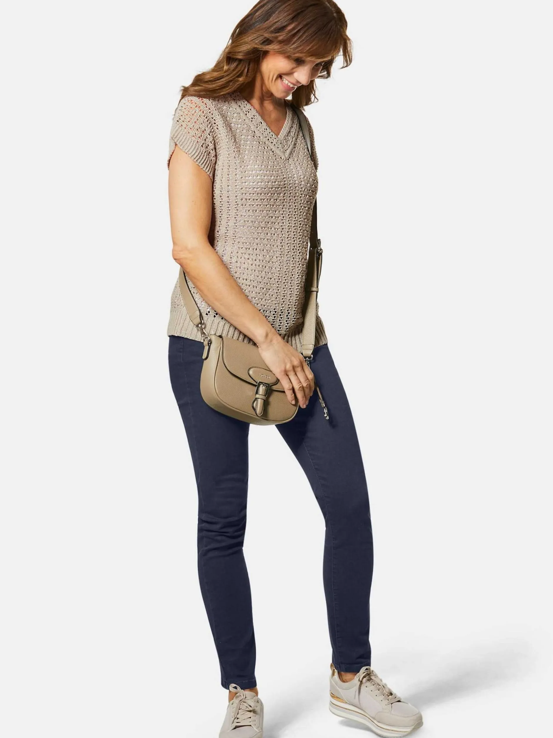 Goldner Damen Strickpullover in sand - Ärmel: Halbarm