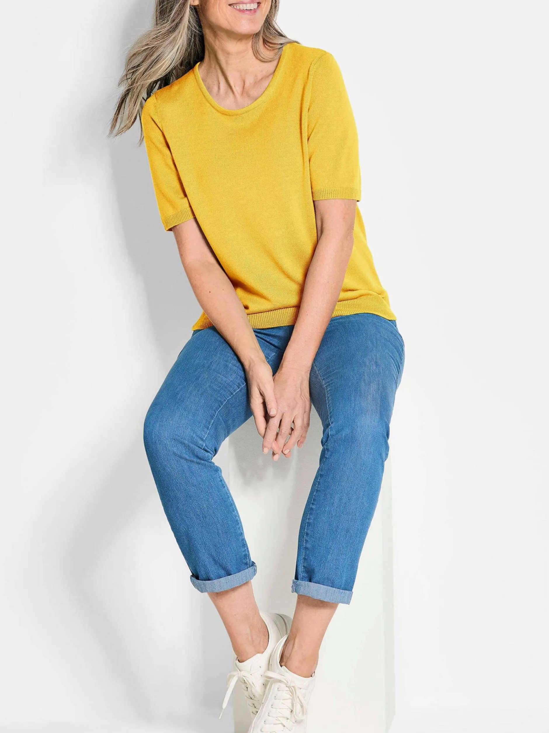 Goldner Damen Strickpullover in gelb - Ärmel: Halbarm