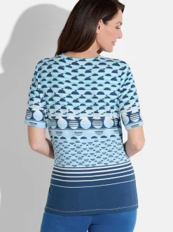 Goldner Damen T-Shirt - Kurzgröße in blau mehrfarbig