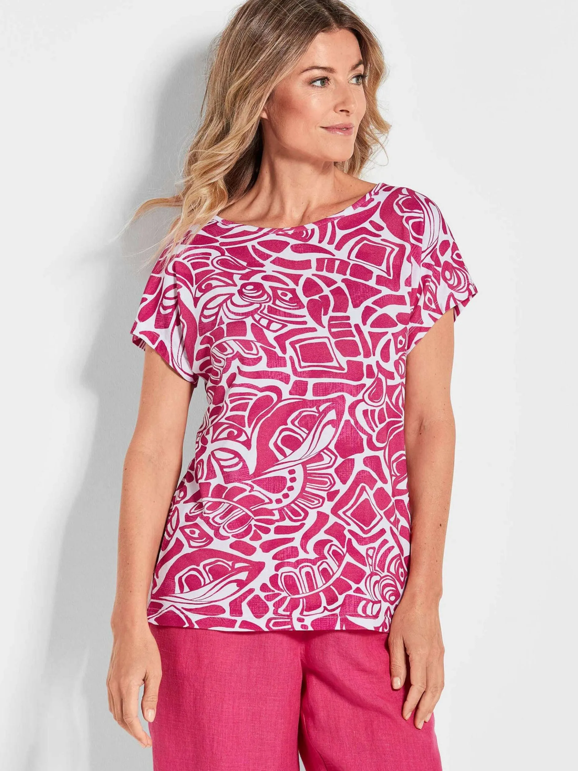 Goldner Damen T-Shirt - Kurzgröße in pink weiß