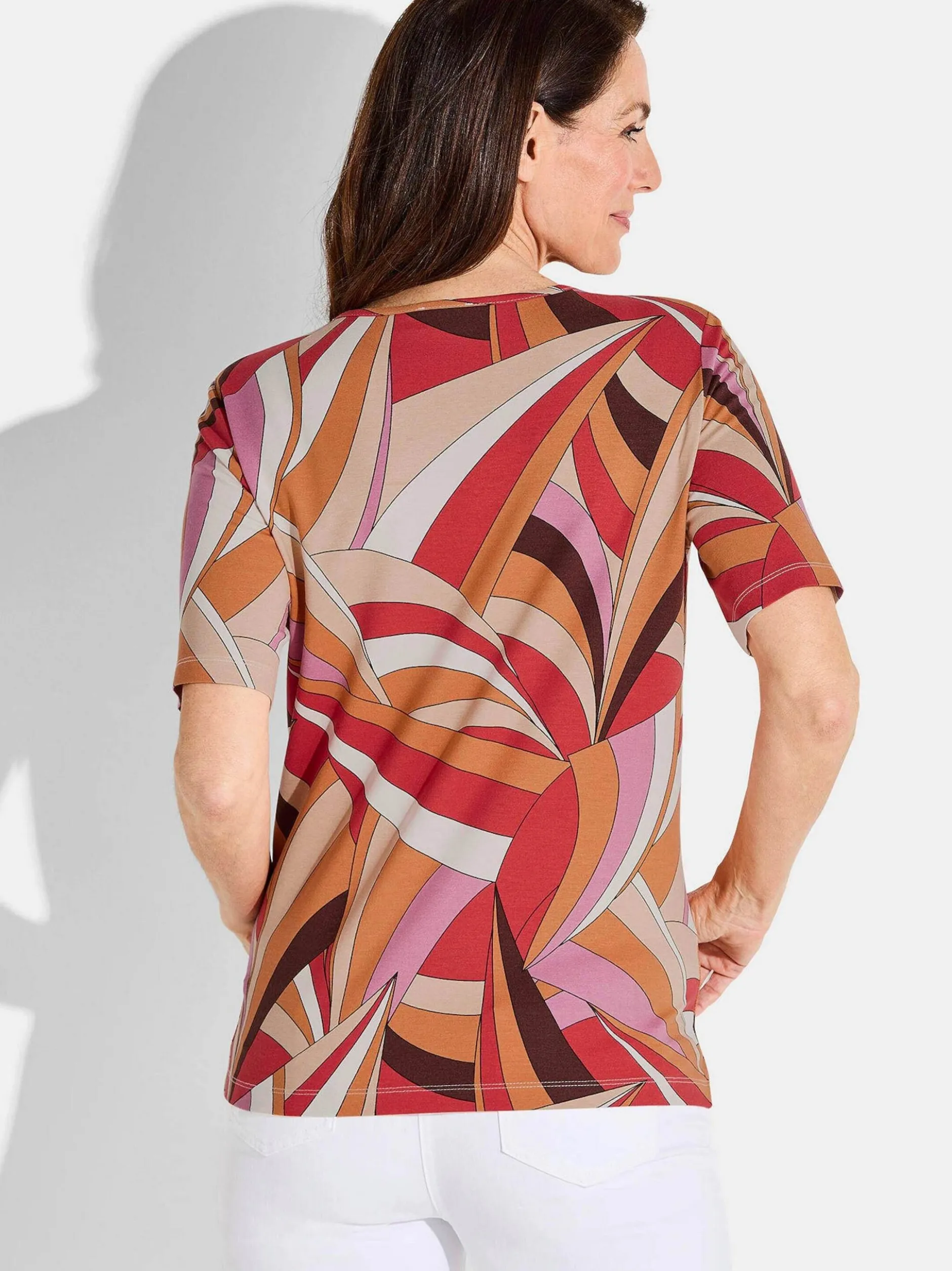 Goldner Damen T-Shirt - Kurzgröße in rot mehrfarbig