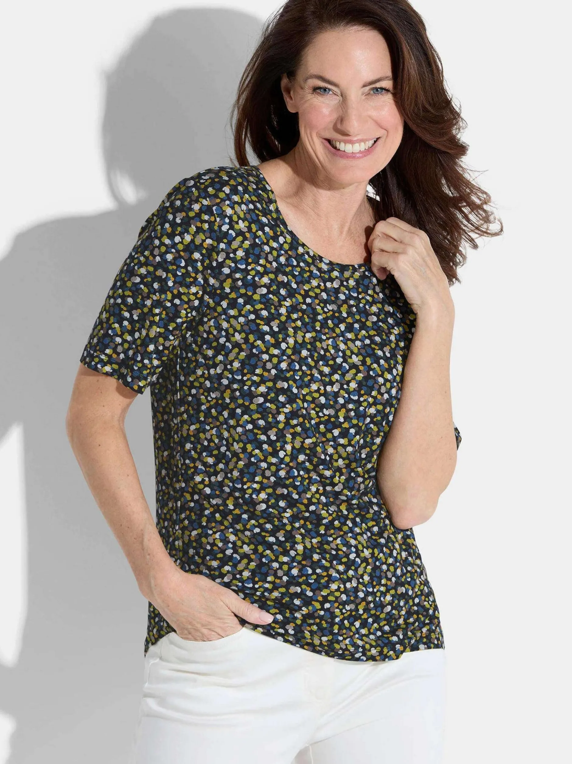 Goldner Damen T-Shirt - Kurzgröße in marine mehrfarbig