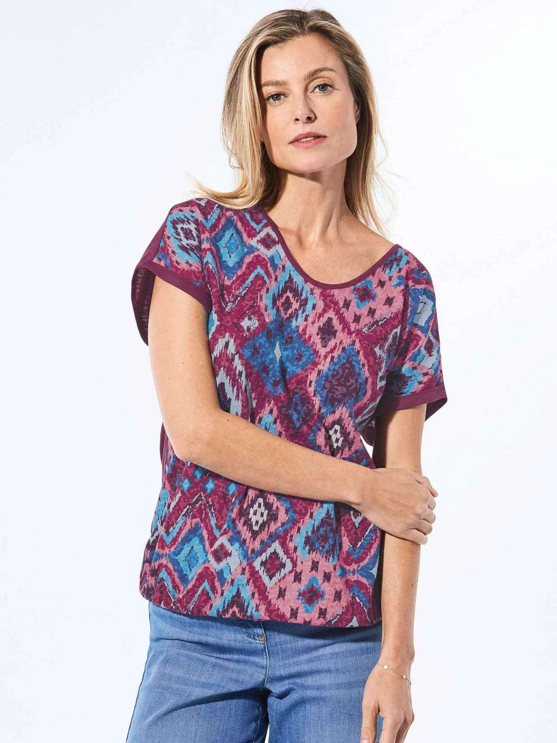 Goldner Damen T-Shirts - Kurzgröße in lila mehrfarbig