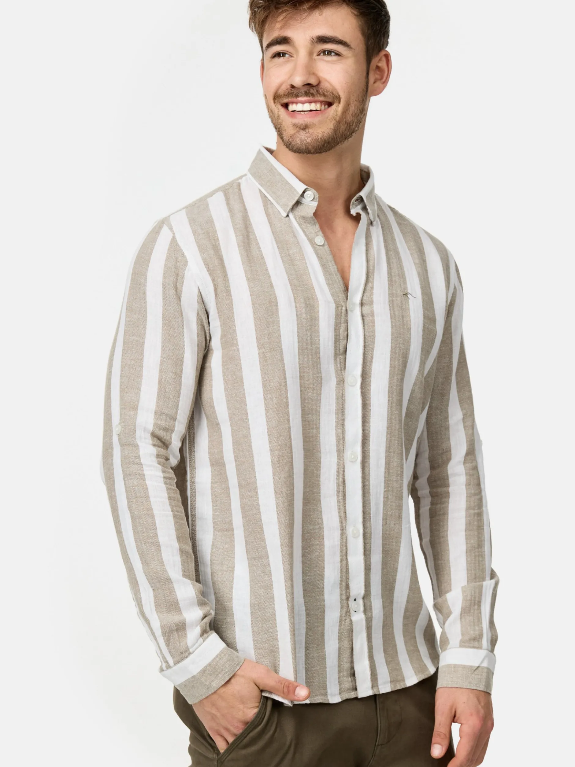Indicode Herren Hemd Langarm - Brayden in beige grün