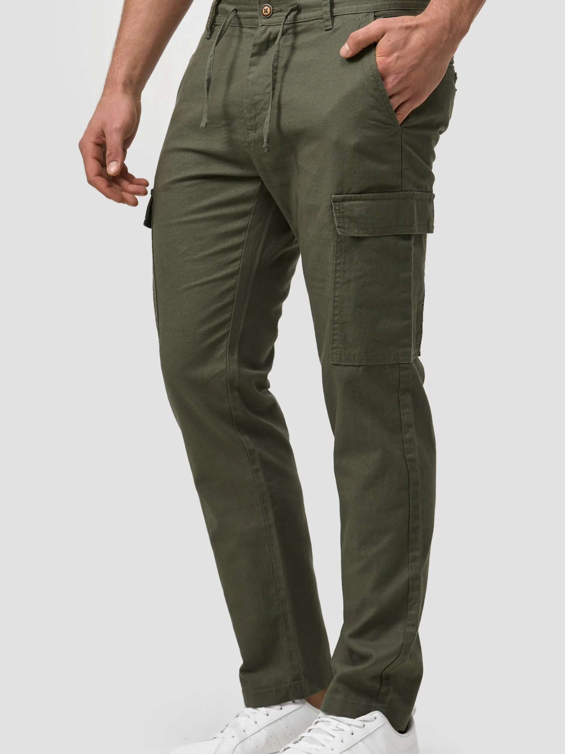 Indicode Herren Leinenhose Cargo - Leonardo in khaki