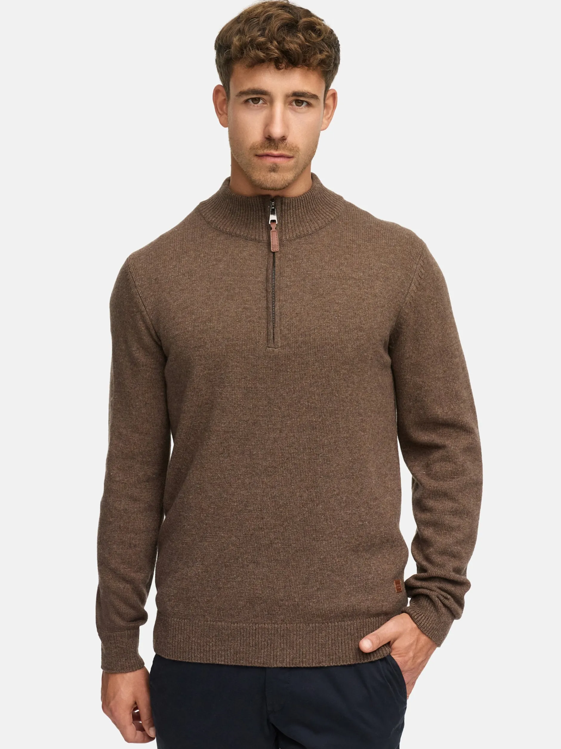 Indicode Herren Strickpullover - INMargous Half-Zip in braun