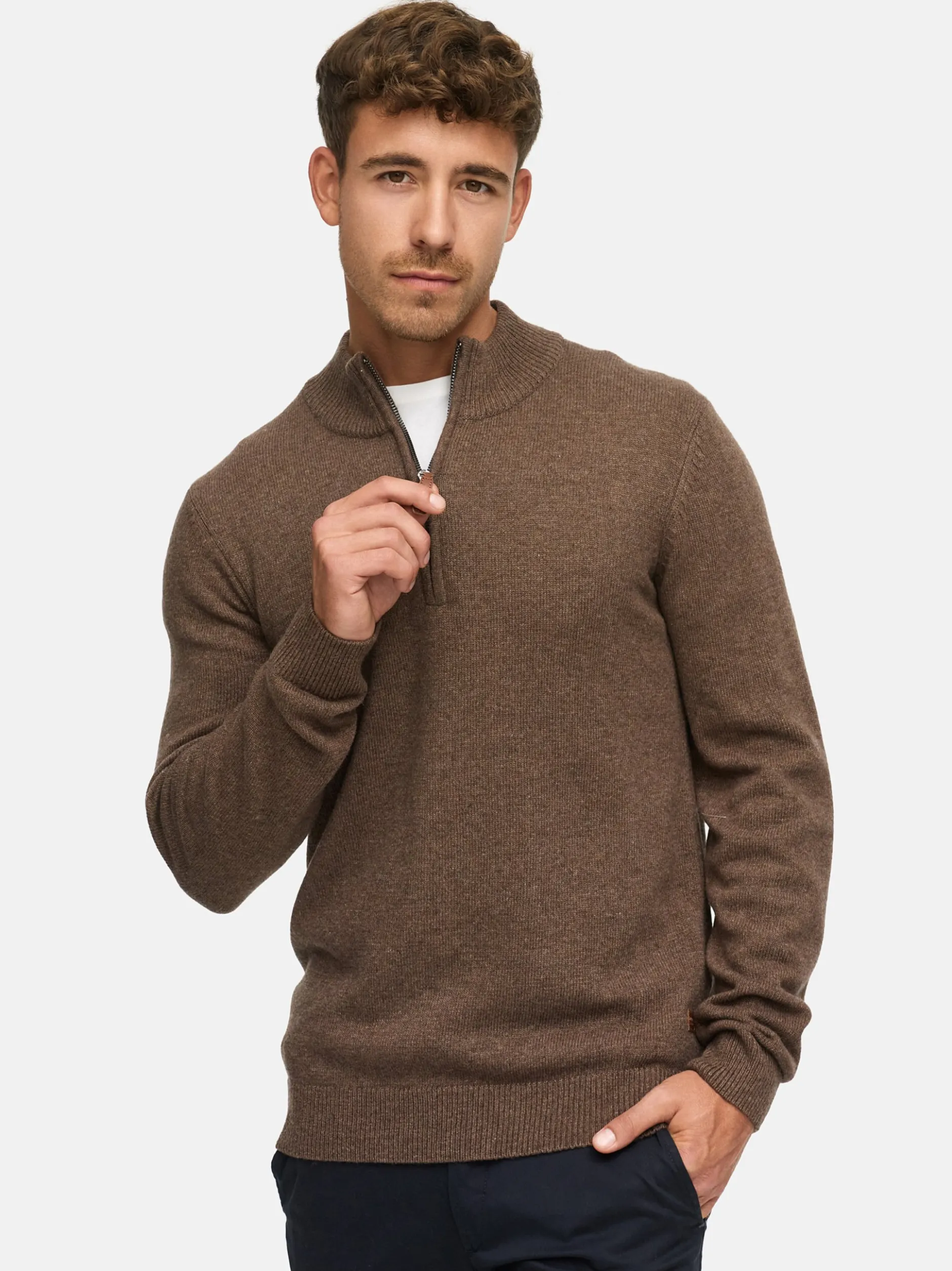 Indicode Herren Strickpullover - INMargous Half-Zip in braun