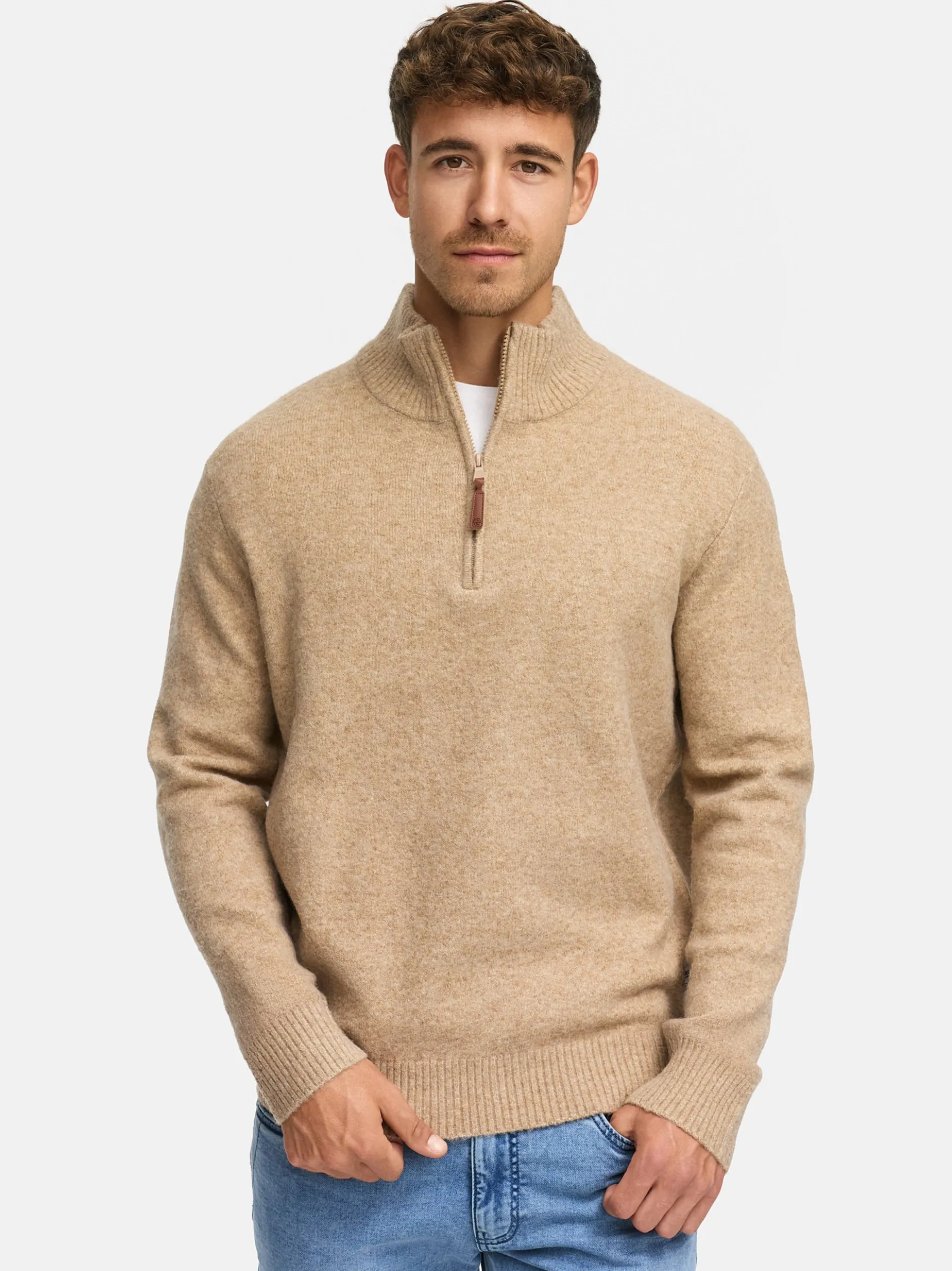 Indicode Herren Strickpullover - INTrax Half Zip in beige