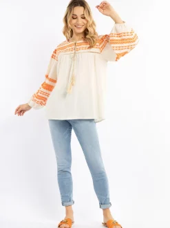 IZIA Damen Bluse in orange ecru - Ausschnitt: Rundhals