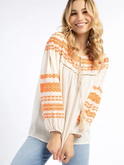 IZIA Damen Bluse in orange ecru - Ausschnitt: Rundhals