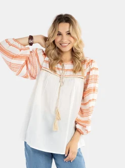 IZIA Damen Bluse in orange ecru - Ausschnitt: Rundhals