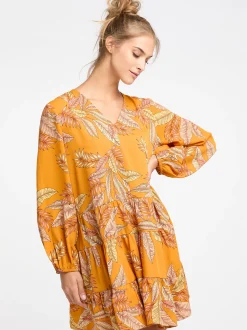 IZIA Damen langarm kleid in orange mehrfarbig