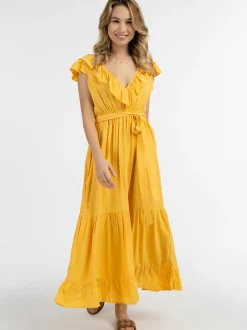 IZIA Damen Maxikleid in gelb - Ausschnitt: V-Ausschnitt
