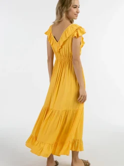 IZIA Damen Maxikleid in gelb - Ausschnitt: V-Ausschnitt