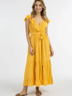 IZIA Damen Maxikleid in gelb - Ausschnitt: V-Ausschnitt