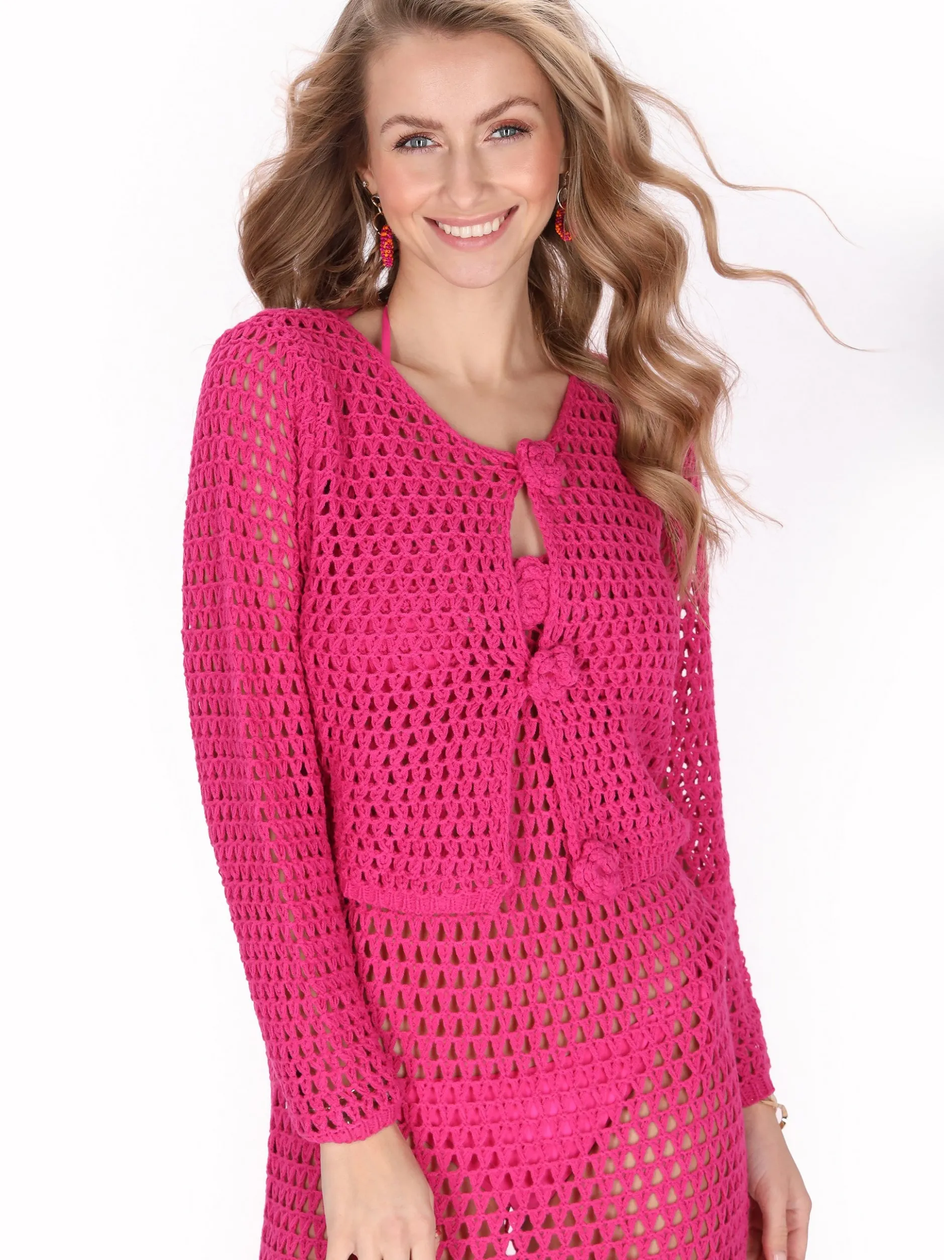 IZIA Damen Strickjacke in fuchsia - Ausschnitt: Rundhals