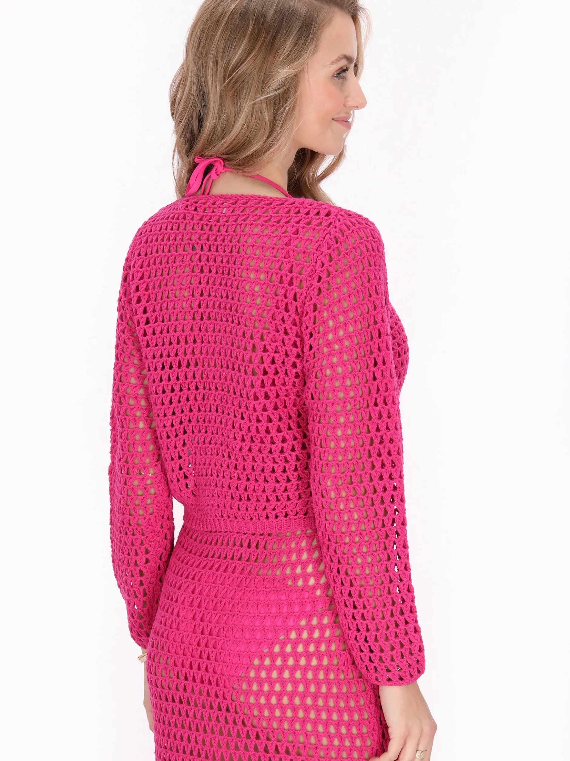 IZIA Damen Strickjacke in fuchsia - Ausschnitt: Rundhals