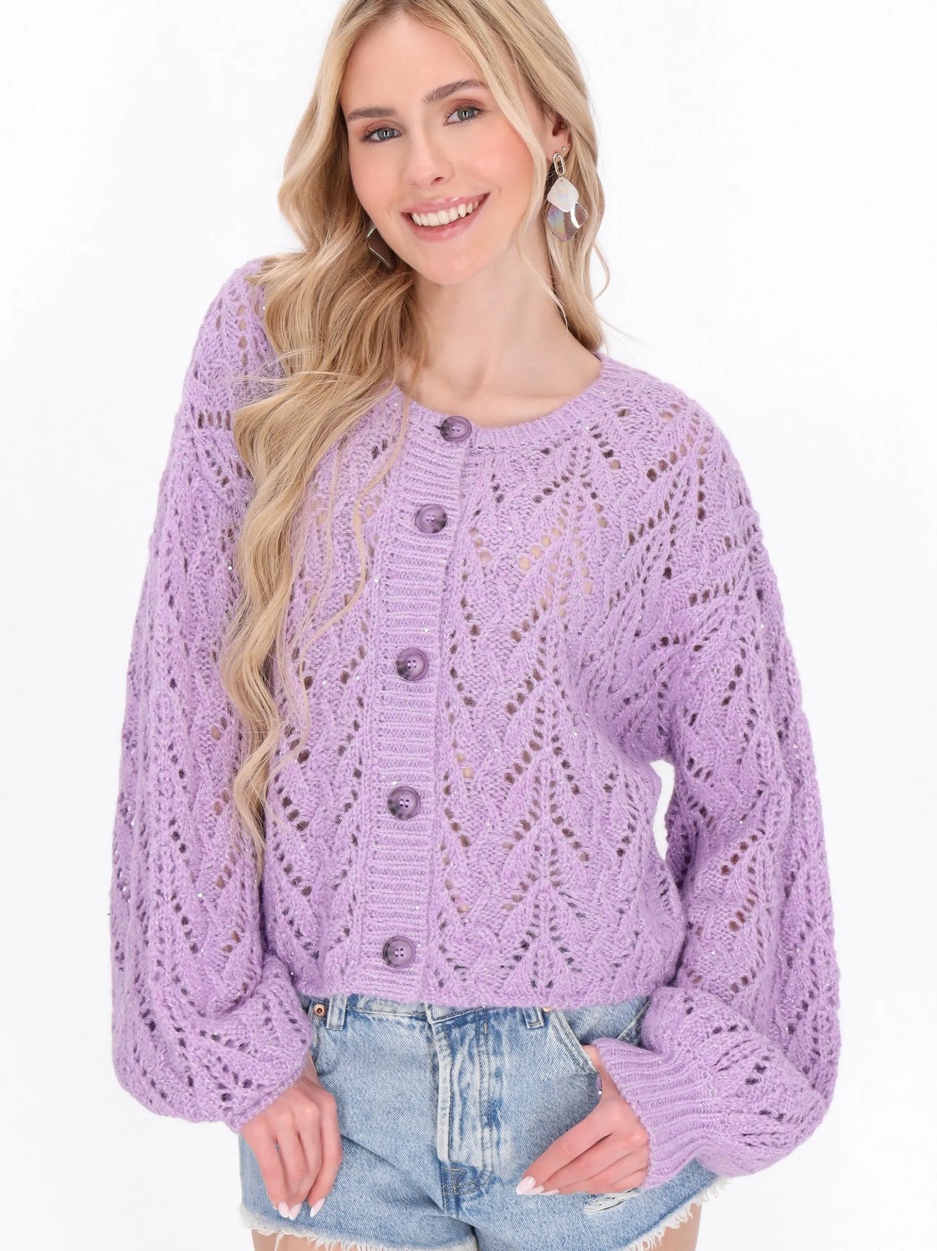 IZIA Damen Strickjacke in lila - Ausschnitt: Rundhals