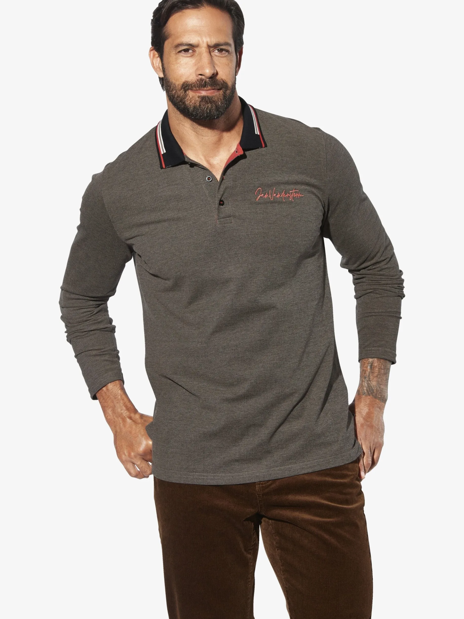 Jan Vanderstorm Herren Langarm-Poloshirt - KNUTSEN in braun