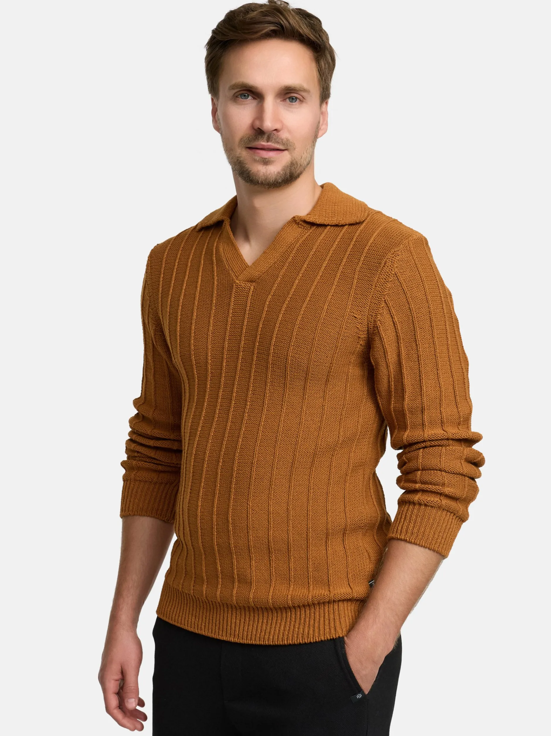 Jeff Herren Strickpullover - JFTruman polo knit in camel braun