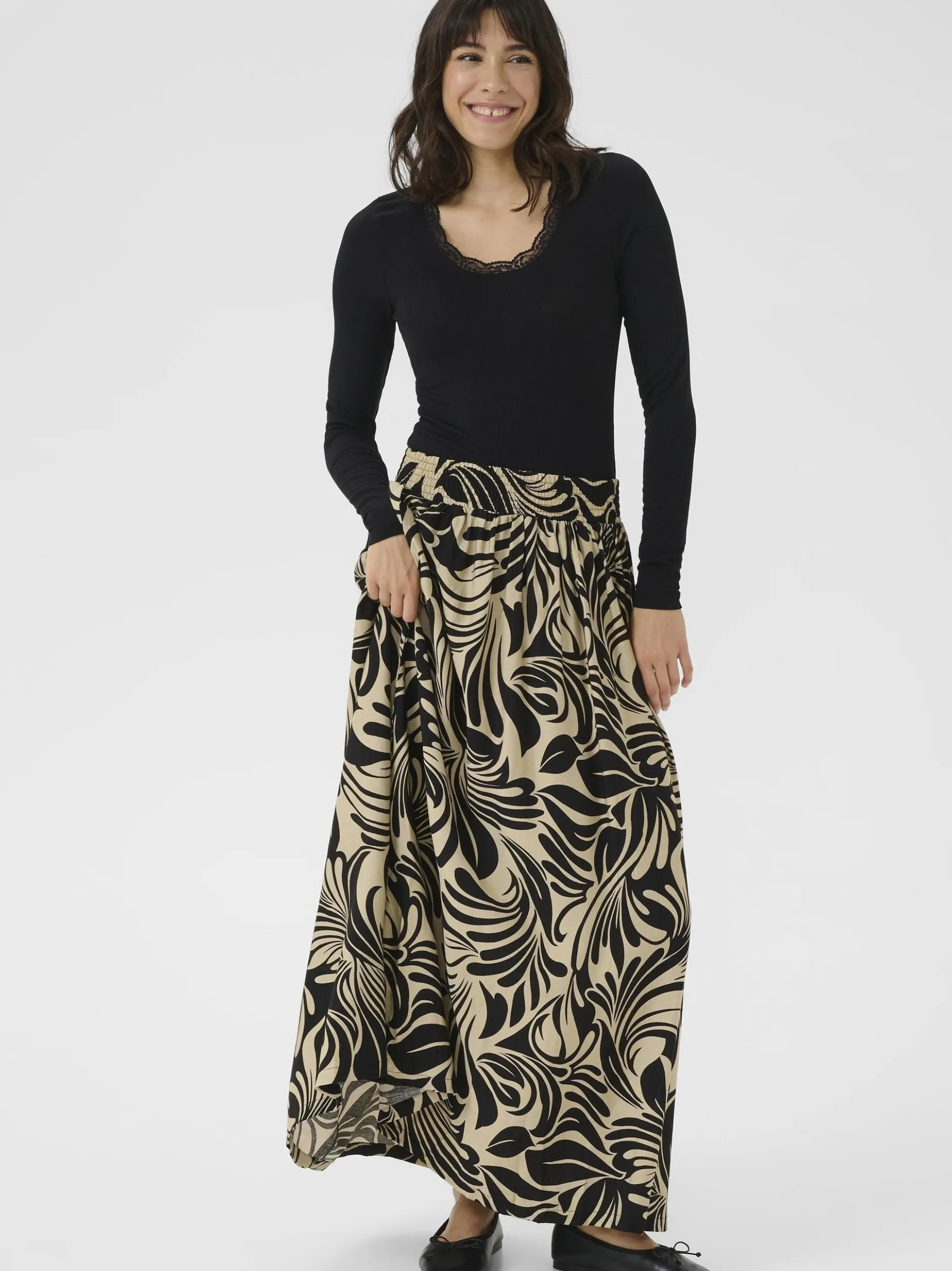 Kaffe Damen Rock KAcelia Elastische Taille in beige schwarz