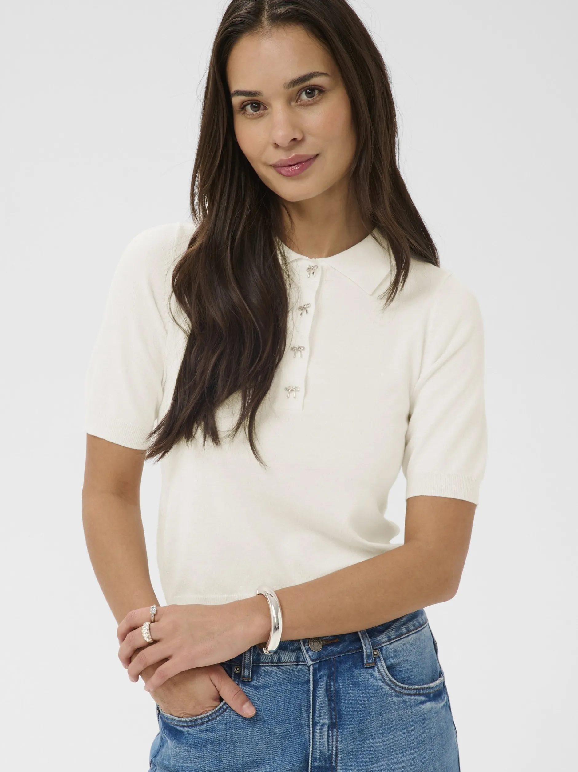 Kaffe Damen Strick-Poloshirt KAlizza in ecru