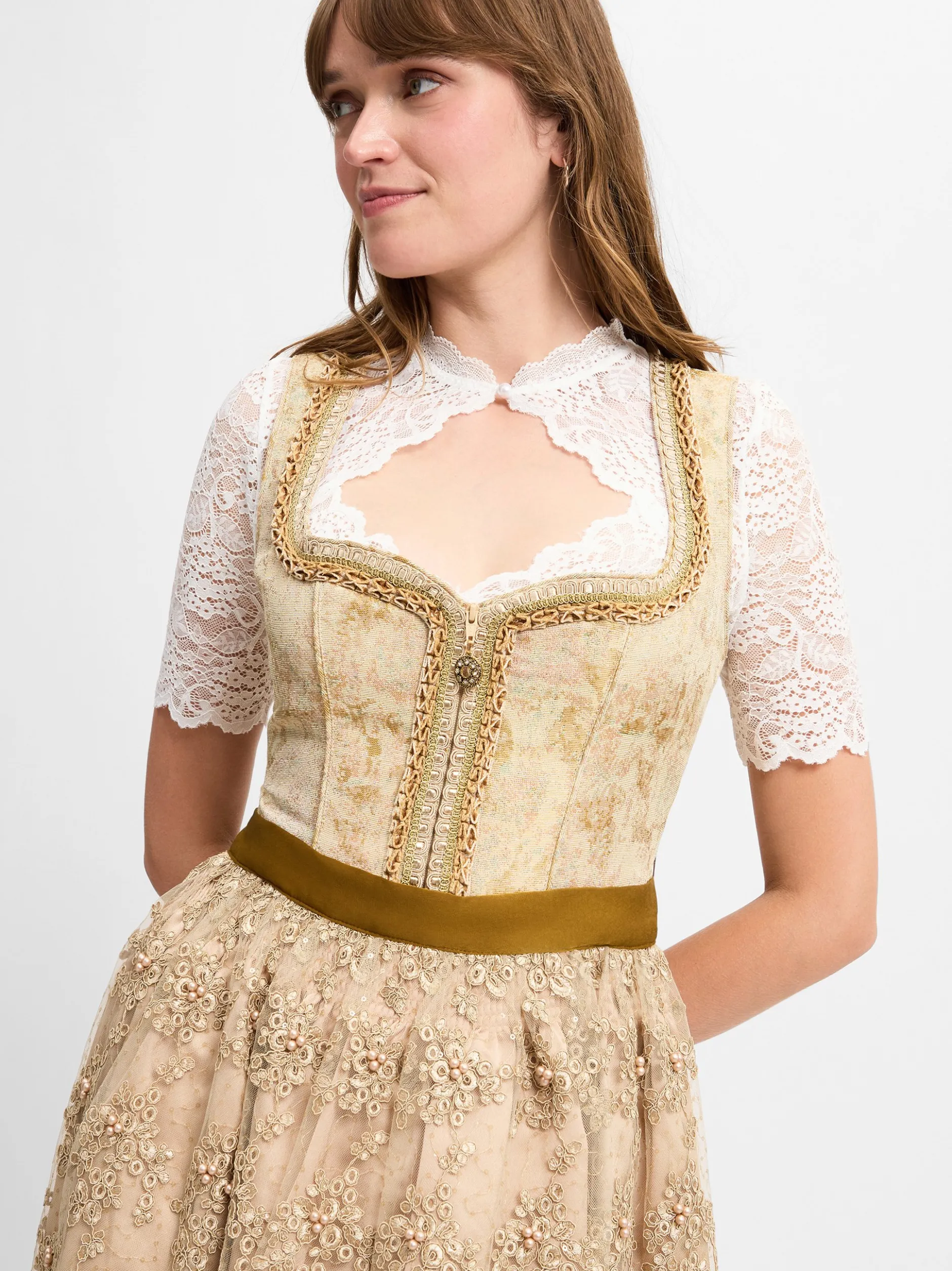 Krüger Dirndl Damen Dirndl in gold - Ausschnitt: Karree