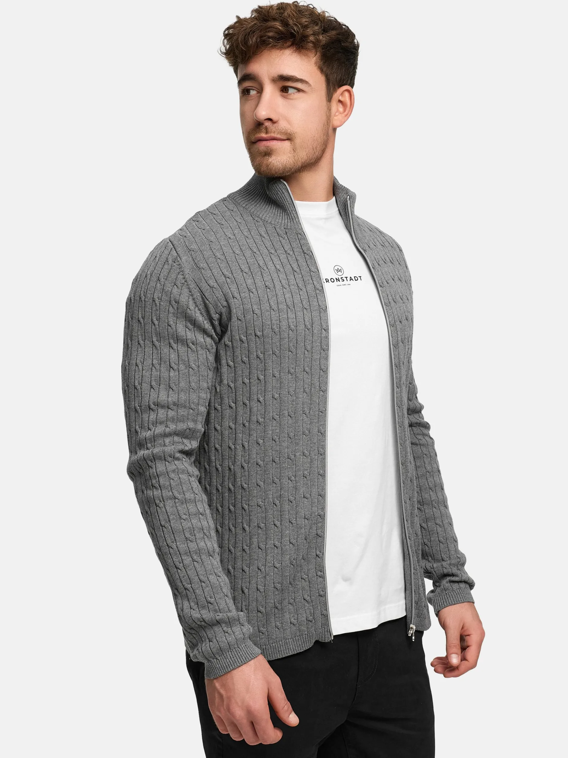 Kronstadt Herren Strickjacke - KSCable Zip in hellgrau