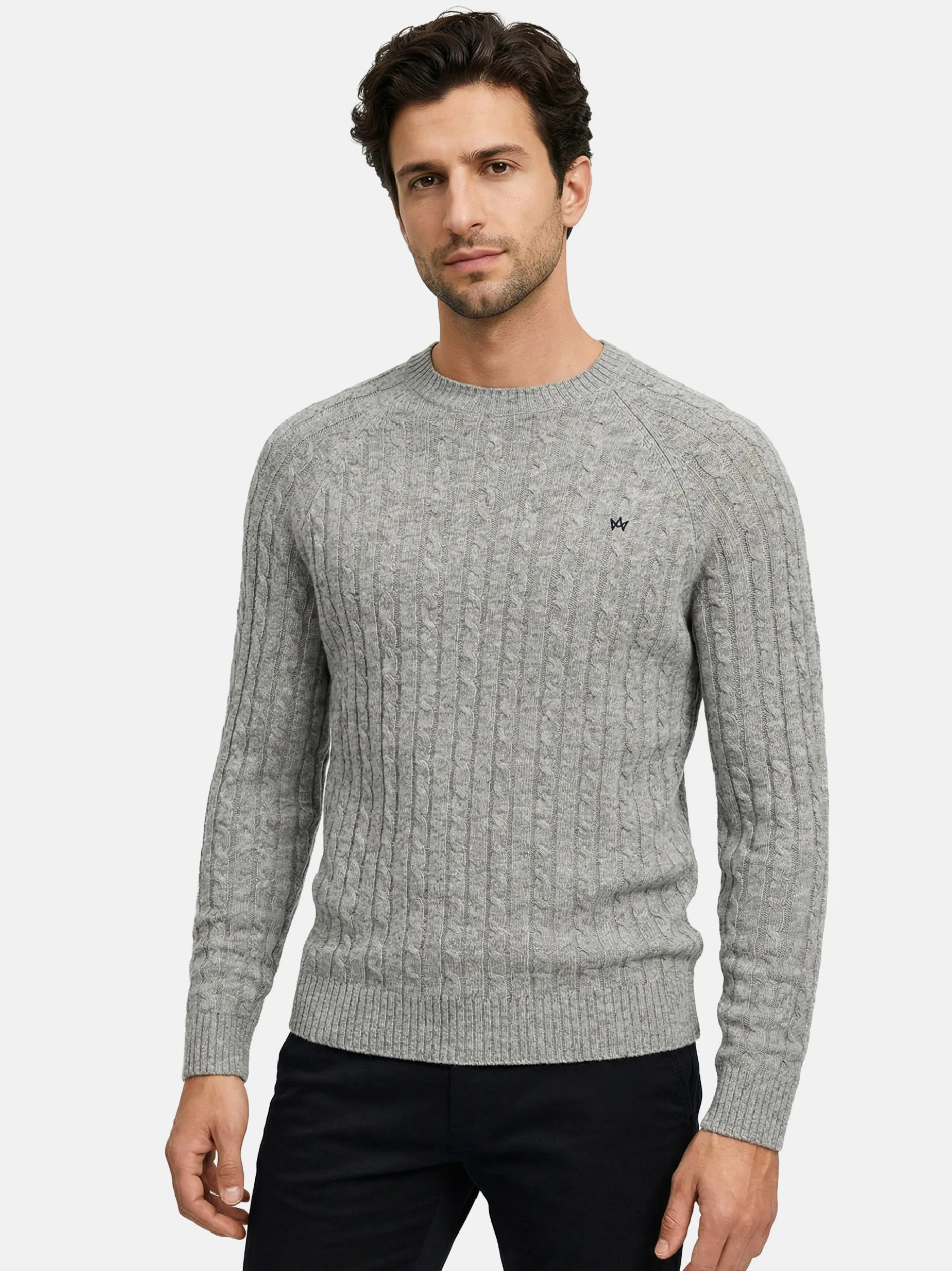 Kronstadt Herren Strickpullover - KSFlynn cabel crew neck knit in hellgrau