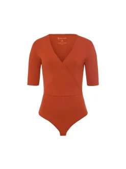 Les Lunes Damen Body mit 3/4-Arm in Wickeloptik in cognac