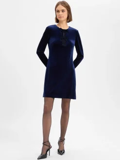 Marie Lund Damen Samtkleid in marine - Ärmel: langarm