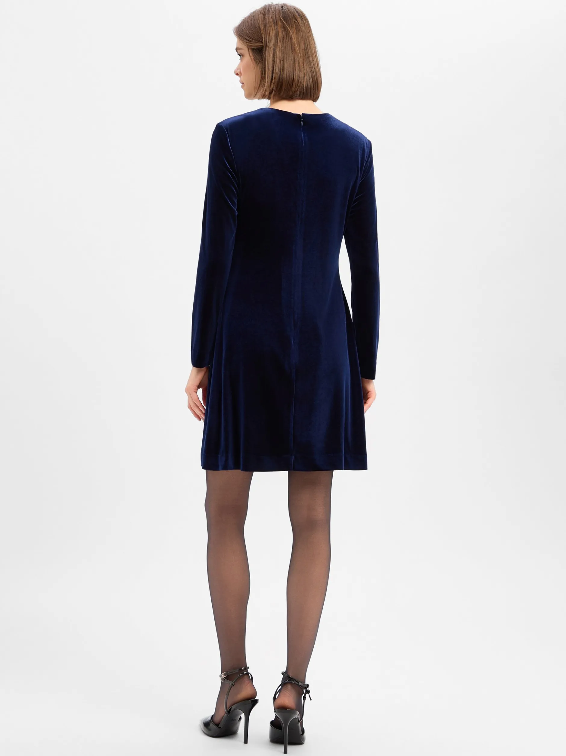 Marie Lund Damen Samtkleid in marine - Ärmel: langarm