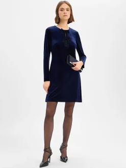 Marie Lund Damen Samtkleid in marine - Ärmel: langarm