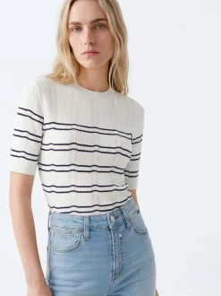 Mavi Damen Strickshirt in ecru blau - Ärmel: kurzarm