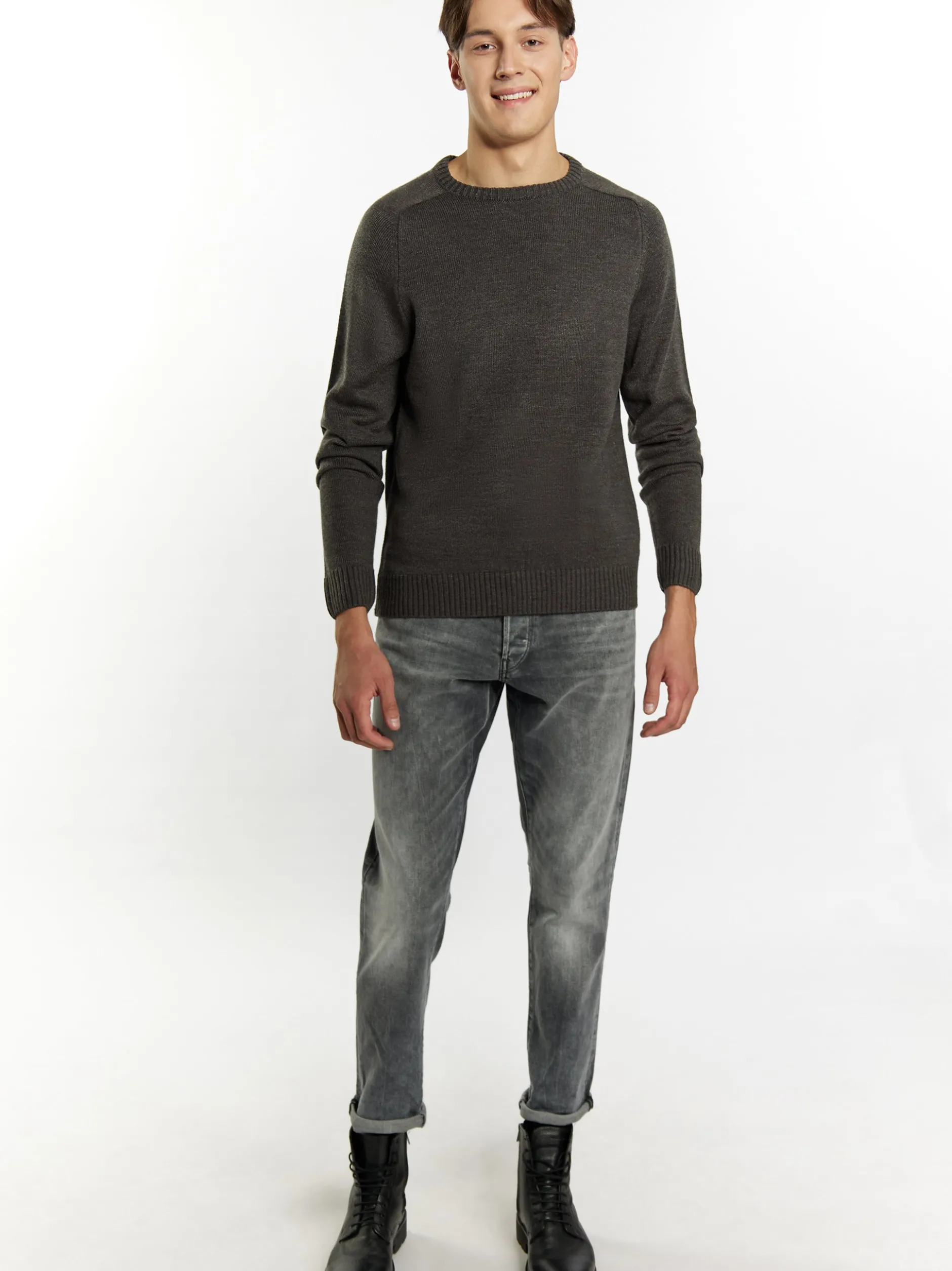Mo Herren Pullover in anthrazit - Ausschnitt: Rundhals