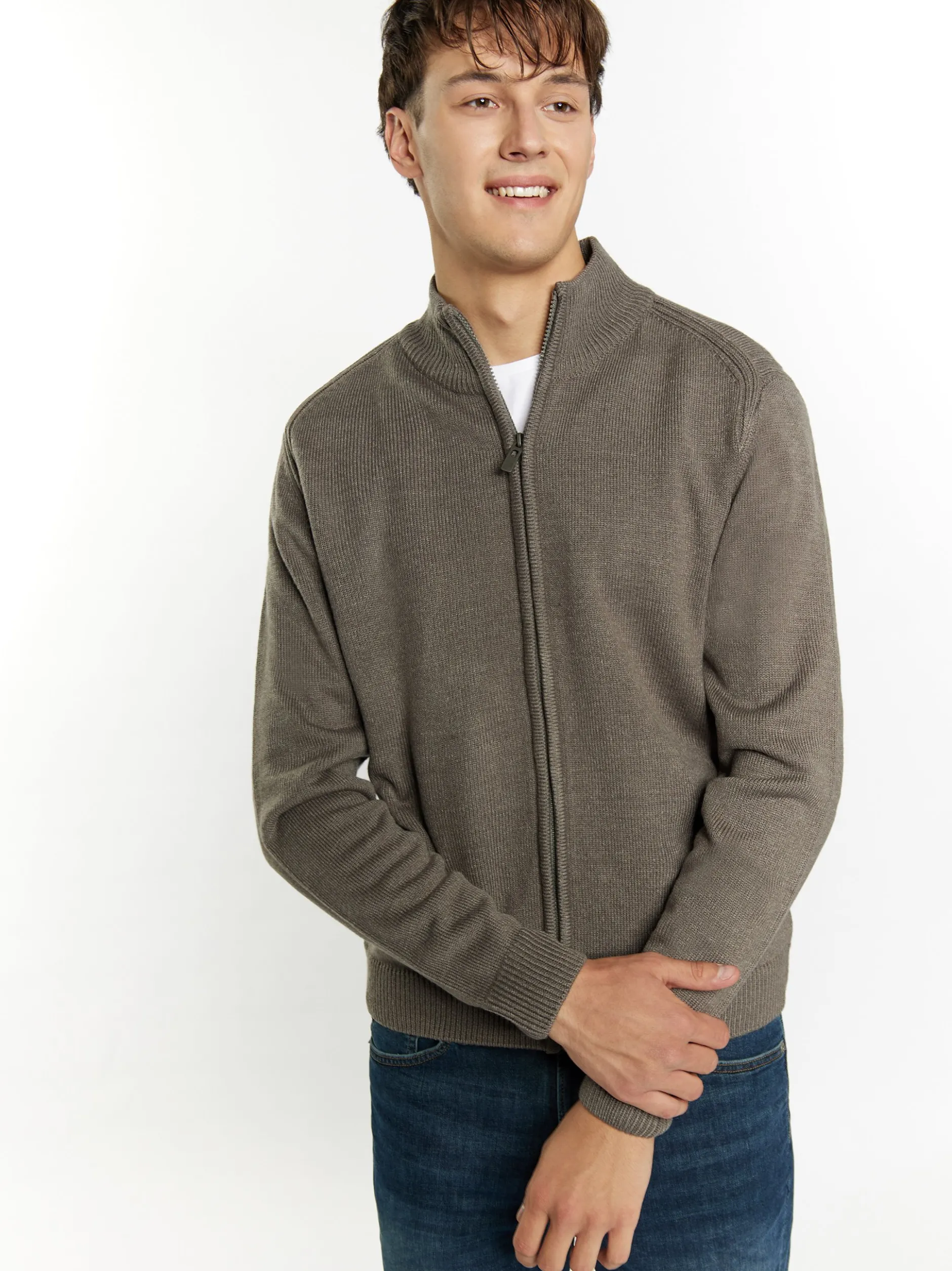 Mo Herren Strickjacke in grau - Ausschnitt: ohne Kragen