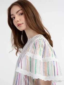 MyMo Damen Bluse mit Metallic-Streifen in weiß