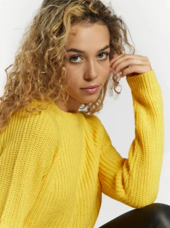 MyMo Damen Kurzer Strickpullover in gelb