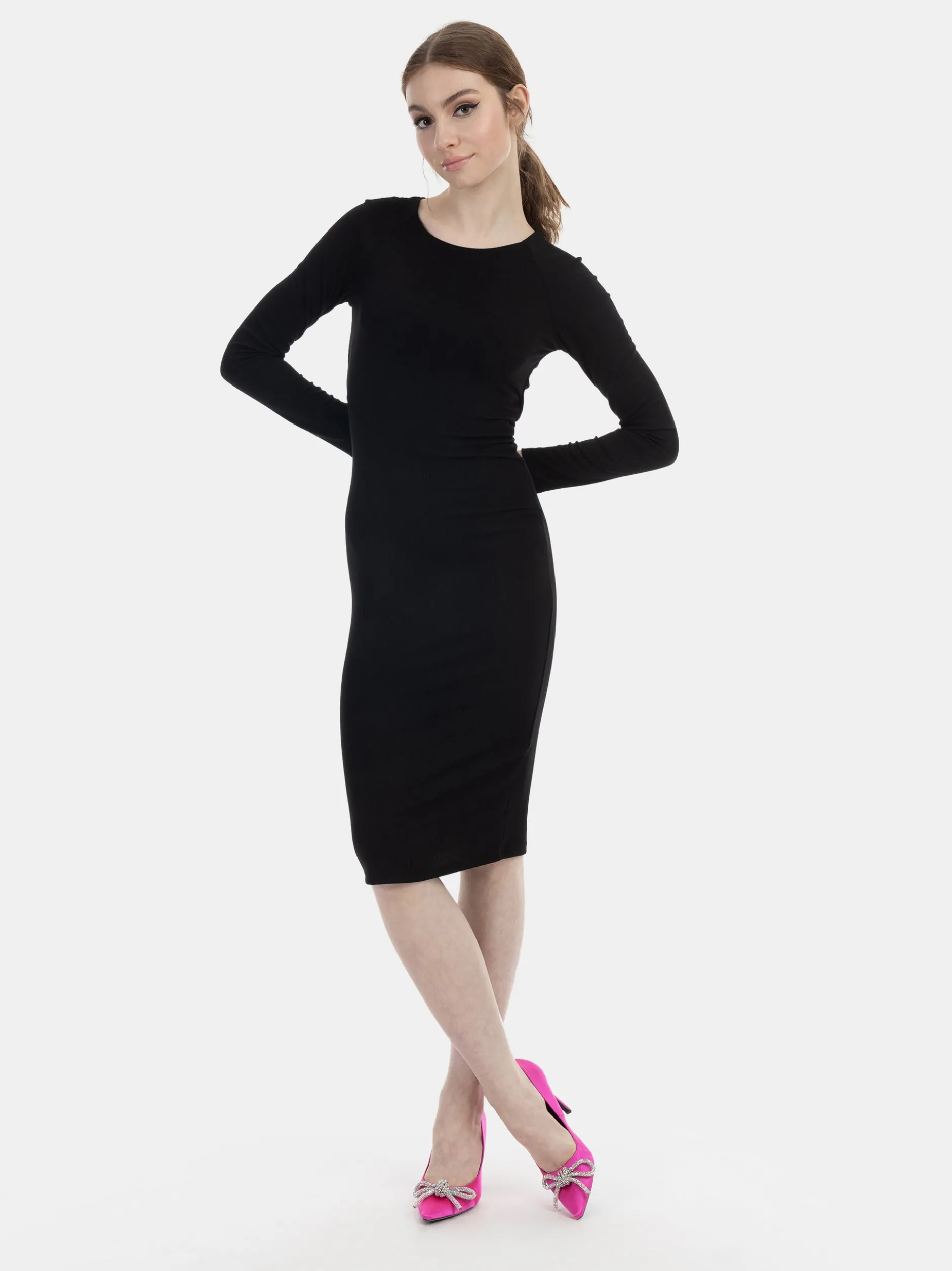 MyMo Damen Langarmkleid midi in schwarz - Länge: mittel