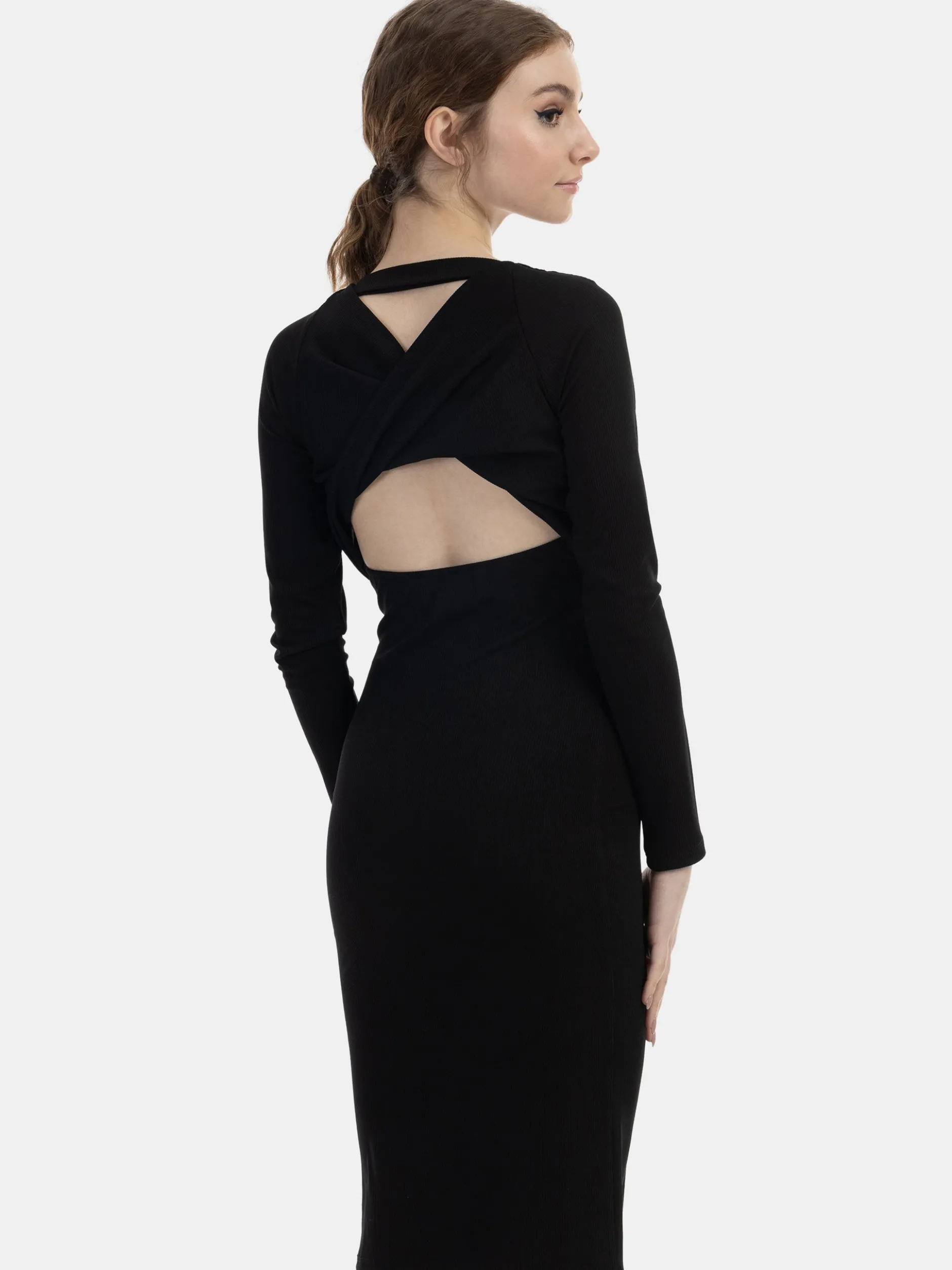 MyMo Damen Langarmkleid midi in schwarz - Länge: mittel