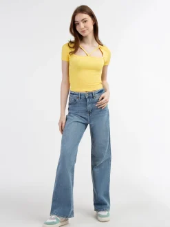 MyMo Damen Rippstrick T-Shirt in gelb