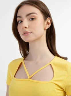 MyMo Damen Rippstrick T-Shirt in gelb