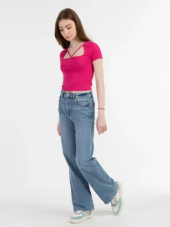MyMo Damen Rippstrick T-Shirt in pink