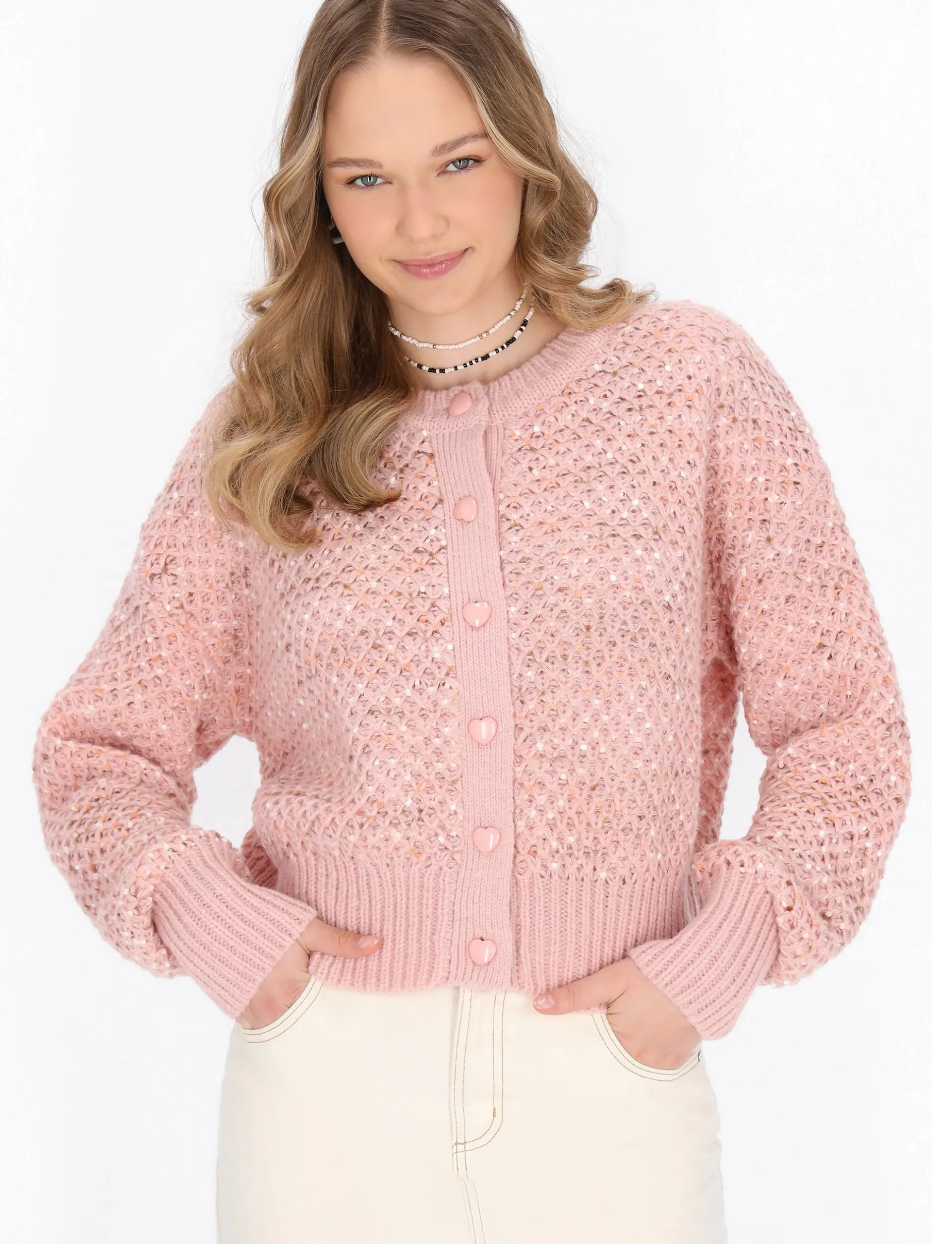 MyMo Damen Strickjacke in pink - Ausschnitt: Rundhals