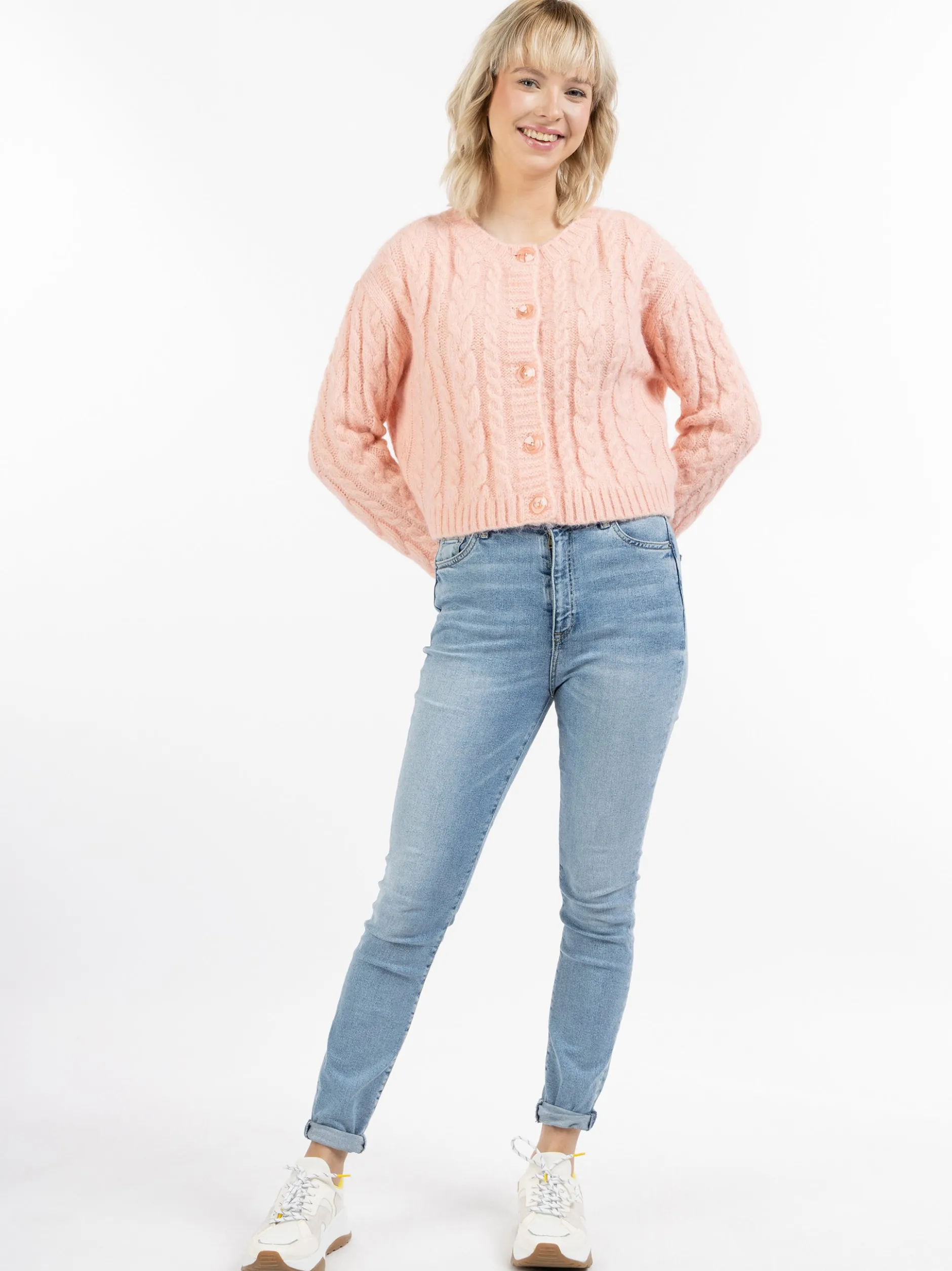 MyMo Damen Strickjacke in rosa - Ausschnitt: Rundhals