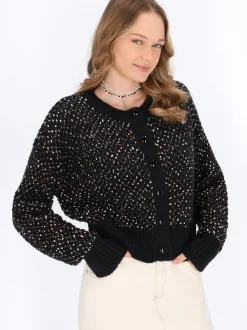 MyMo Damen Strickjacke in schwarz - Ausschnitt: Rundhals