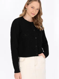 MyMo Damen Strickjacke in schwarz - Ausschnitt: Rundhals