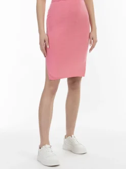 MyMo Damen Strick Midirock in pink - Länge: mittel