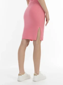 MyMo Damen Strick Midirock in pink - Länge: mittel